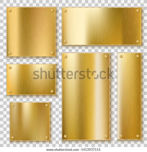 Golden plates. Gold metallic yellow plate,\
shiny bronze banner. Polished textured blank metal label with\
screws realistic vector\
templates