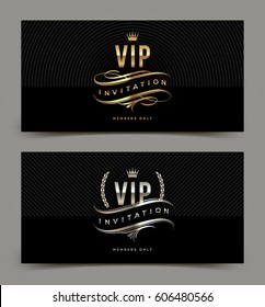 Golden And Platinum VIP Invitation Template - Type Design With Crown, Laurel Wreath And Flourishes On A Black Pattern Background. Vector Illustration.