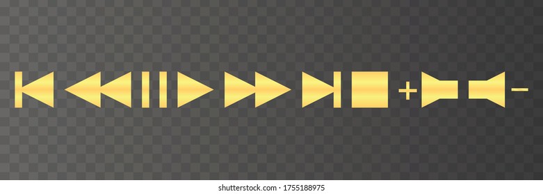 Golden player navigation buttons. Stop, pause, play, rewind, next track icons isolated vector set.