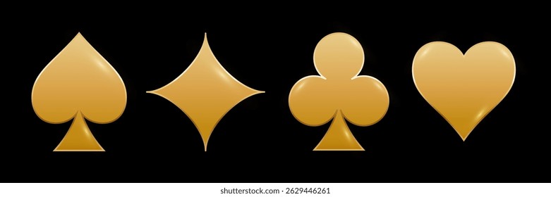 Golden playing card suits set. Gold poker cards: spade, club, diamond, heart isolated on black background. Classic poker and casino symbols minimalistic and simple design. Vector illustration.