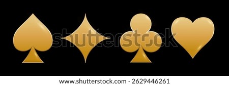 Golden playing card suits set. Gold poker cards: spade, club, diamond, heart isolated on black background. Classic poker and casino symbols minimalistic and simple design. Vector illustration.