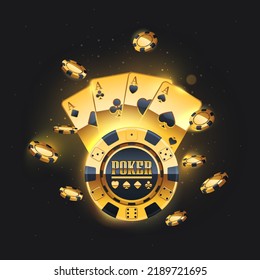 Goldene Spielkarten und Spielchips. Vektorgrafiken. Vier goldene Ofenkarten und Spielchips auf schwarzem Hintergrund. Casino Banner Konzept. Online-Casino, Golden, Luxus, Glücksspiel-Konzept.