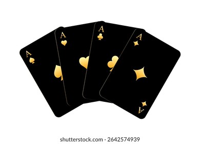Golden playing cards set. Four black cards with golden ace symbols: spade, heart, club, and diamond. Elegant and modern casino-style poker deck design. Vector illustration on white background.