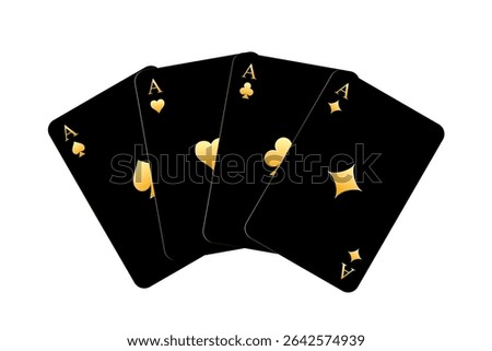 Golden playing cards set. Four black cards with golden ace symbols: spade, heart, club, and diamond. Elegant and modern casino-style poker deck design. Vector illustration on white background.