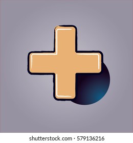 Golden plus-sign lying on a blue circle surrounded by a purple background

