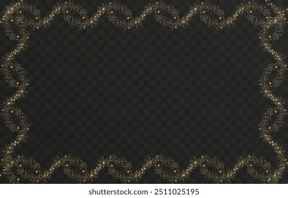Golden png frame with lights effects. Glow line golden frame with sparks and spotlight light effects. Shining rectangle banner on isolated transparent background. 