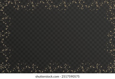 Golden png frame with lights effects. Glow line golden frame with sparks and spotlight light effects. Shining rectangle banner on isolated transparent background. 