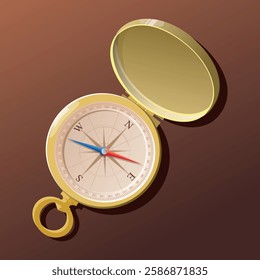 Golden Pocket Compass with Open Lid on Brown Background Representing Navigation and Exploration