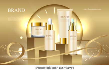 Golden podium for ads cosmetic collection with ribbon and 3d packaging illustration