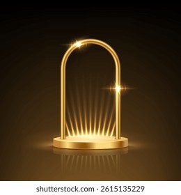 Golden podium with arch on black background. Gold portal. 3d empty award platform with glowing arc and light rays. Abstract vector illustration.