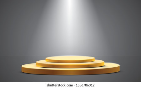 Golden podium in the background with spotlights. Vector illustration