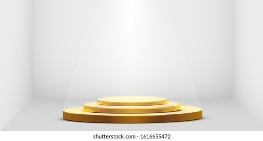 Golden podium in the background with spotlights. Vector illustration