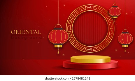 Golden podium with Chinese lanterns and circular frame on red background, decorated with traditional patterns and soft lights. Vector illustration