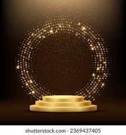 Golden podium with circle ring and glitter. Shining abstract background with gold elements. Yellow shiny circular stage. Modern futuristic graphic vector illustration. Glowing decoration.