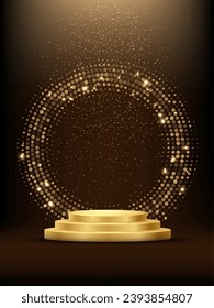 Golden podium with circle ring and glitter. Shining abstract background with gold elements. Yellow shiny circular stage. Modern futuristic graphic vector illustration. Glowing decoration.