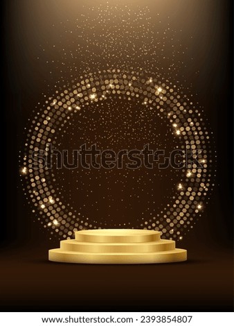 Golden podium with circle ring and glitter. Shining abstract background with gold elements. Yellow shiny circular stage. Modern futuristic graphic vector illustration. Glowing decoration.