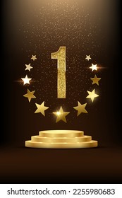 Golden podium with circle of stars, number one and falling confetti vector illustration. 3D realistic gold premium award on podium stage with glitter light effect for recognition ceremony and show