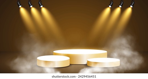 Golden podium with directional spotlight on dark background, soaring smoke of first place, fame and popularity. Vector illustration