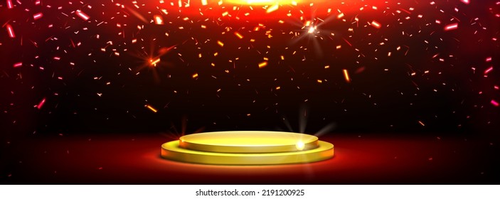 Golden podium with falling confetti, round gold shiny platform, stage for product presentation or winner victory celebration. Vector background with realistic 3d scene and red spotlight glowing