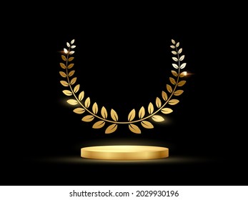 Golden podium for first place with laurel wreath. Gold rank on stage on black background. Championship in sport or movie victory in competition vector illustration.