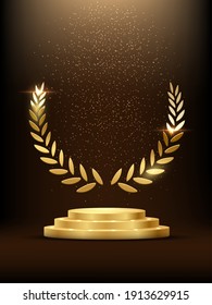 Golden podium with laurel glowing. Gold stage with glitter and light fog on dark background. Hollywood fame in film and cinema or championship in sport vector illustration.