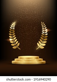 Golden podium with laurel glowing. Gold stage with glitter and light fog on dark background. Hollywood fame in film and cinema or championship in sport vector illustration.