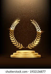 Golden podium with laurel glowing. Gold stage with glitter and light fog on dark background. Hollywood fame in film and cinema or championship in sport vector illustration.