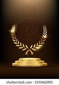 Golden podium with laurel glowing. Gold stage with glitter and light fog on dark background. Hollywood fame in film and cinema or championship in sport vector illustration.