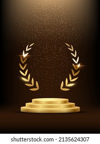 Golden podium with laurel glowing. Gold stage with glitter and light fog on dark background. Hollywood fame in film and cinema or championship in sport vector illustration.