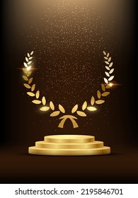 Golden podium with laurel glowing. Gold stage with glitter and light fog on dark background. Hollywood fame in film and cinema or championship in sport vector illustration.