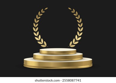 Golden podium with laurel wreath. Empty space design luxury stage for product. 3d realistic illustration on black background.