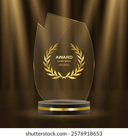 Golden podium with laurel wreaths, ribbons, and stars shining in a luxurious 3D award ceremony scene. Realistic golden prize stage featuring glitter, light smoke, and a dark, elegant background