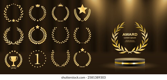 Golden podium with laurel wreaths, ribbons, and stars shining in a luxurious 3D award ceremony scene. Realistic golden prize stage featuring glitter, light smoke, and a dark, elegant background.