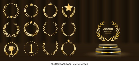 Golden podium with laurel wreaths, ribbons, and stars shining in a luxurious 3D award ceremony scene. Realistic golden prize stage featuring glitter, light smoke, and a dark, elegant background.