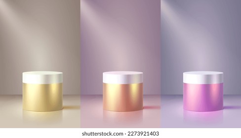 Golden podium with lighting, Stage Podium Scene with for Award, Decor element background, color set. Vector illustration