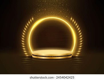 Golden podium with a neon circle and brilliant rain of golden confetti to present your product. Vector illustration.