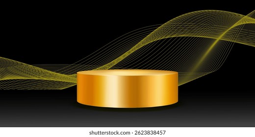 Podio dorado sobre fondo negro con ondas amarillas. Puede ser utilizado para la exhibición del producto. Ilustración vectorial realista.