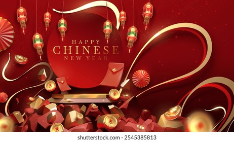 Golden podium on a pile of rocks decorated with realistic 3D Chinese New Year decorations, elegant Year of the Snake backdrop for product promotion.