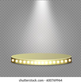 Golden podium on a transparent background.the podium of winners with bright lights.spotlight.lighting.vector illustration.attention.