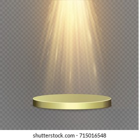 Golden podium on a transparent background.the podium of winners with bright lights.spotlight.lighting.vector illustration.attention.