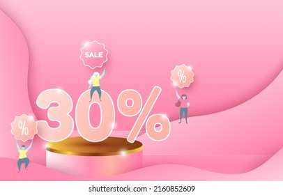 golden podium for placing products pink background. 30% off, decoration, Podium, percentage, sale. paper cut and craft style. vector art and illustration.
