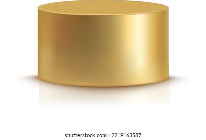 Golden podium. Realistic metal cylinder. Round pillar mockup isolated on white background