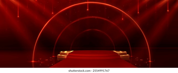 Golden podium with red carpet and glowing arches. Illuminated stage surrounded by sparkling particles and vertical light beams. Luxury setup for award ceremonies or premium product presentations.