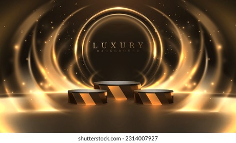 Golden podium for showing products and light ray effect motion elements around and bokeh decorations on dark scene, Black luxury background.