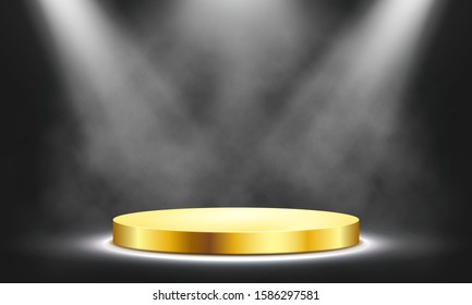 Golden podium with smoke illuminated by spotlights. Empty pedestal for award ceremony. Vector illustration.