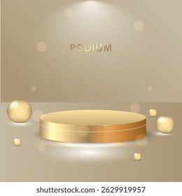 
Golden podium with spheres. Luxury display stage for product presentation, awards or promotions. 3D render. Vector