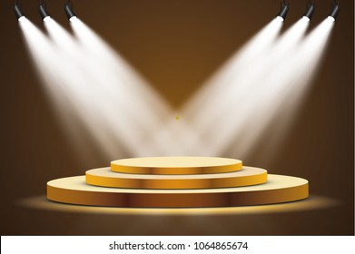 
Golden podium with a spotlight on a dark background, the first place, fame and popularity. Vector illustration
