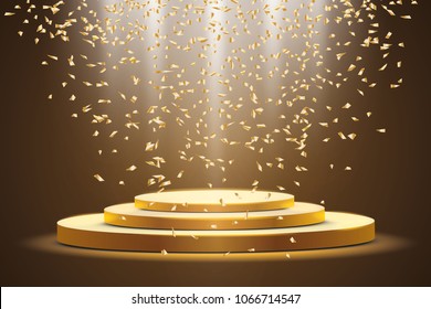 
Golden podium with a spotlight on a dark background, with candy, sparkles. First place, fame and popularity. Vector illustration
