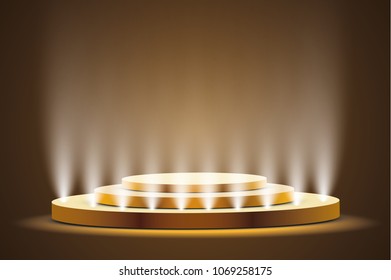 
Golden podium with a spotlight on a dark background, the first place, fame and popularity. Vector illustration
