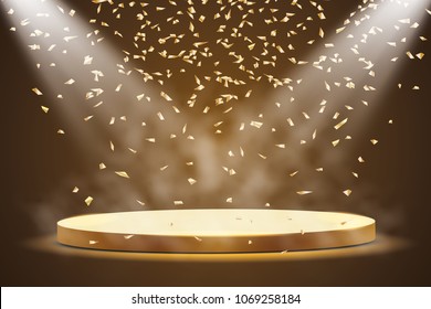 
Golden podium with a spotlight on a dark background, with fog and confetti, the first place, fame and popularity. Vector illustration
